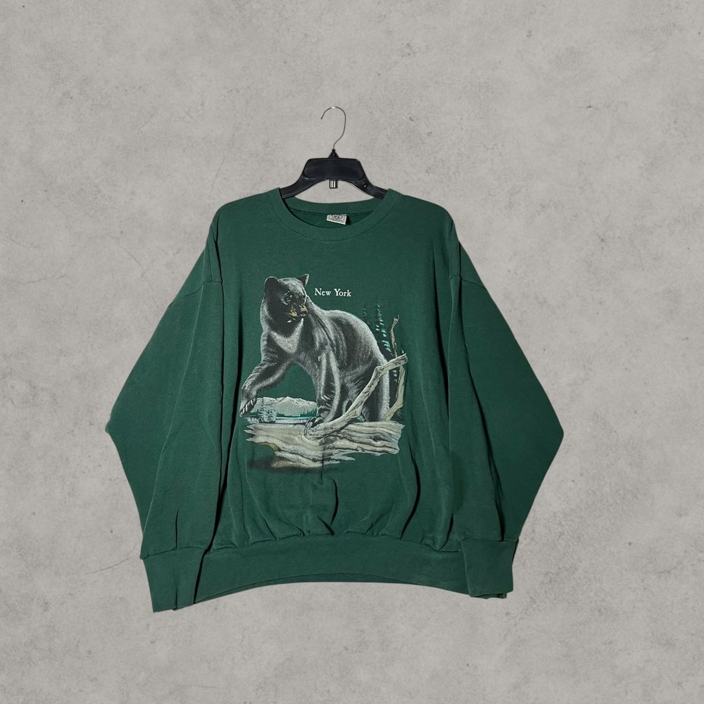 Vintage New York Black Bear Graphic Sweatshirt Forest Green Crewneck XL